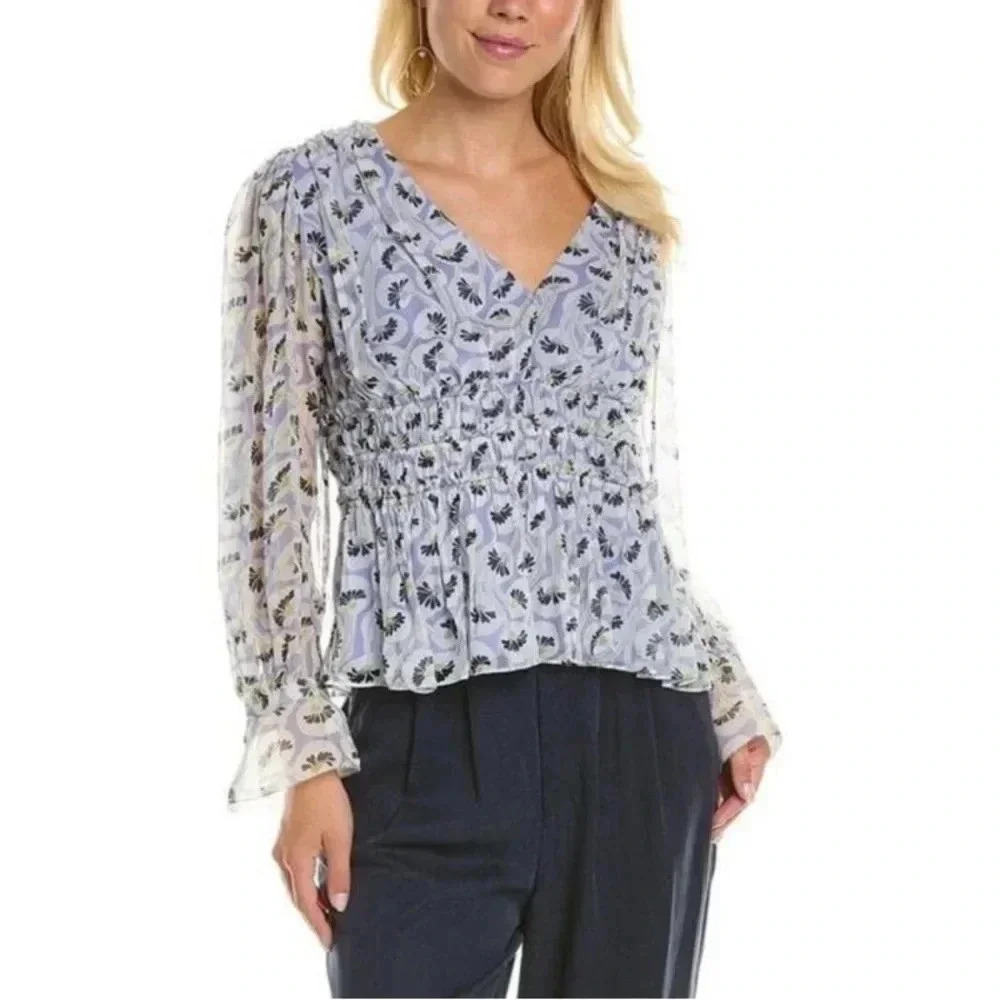 NWT Rebecca Taylor Deco Floral Print Silk Blouse - Fleur Aster Ruffle Peplum